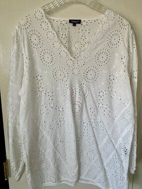 Tolani White Eyelet V-Neck Cotton Top Womens Large Broderie Anglaise